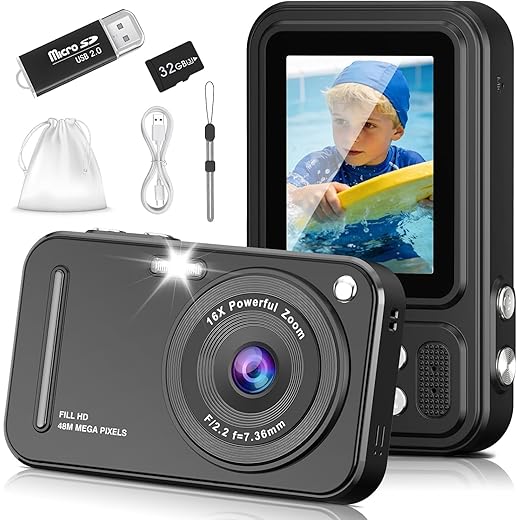 Digital Camera for Kids, 48MP FHD 1080P Point and Shoot Digital Cameras with 16X Zoom Anti-Shake, Compact Portable Cameras for Photography, for Boys Girls Teens Beginners-Black