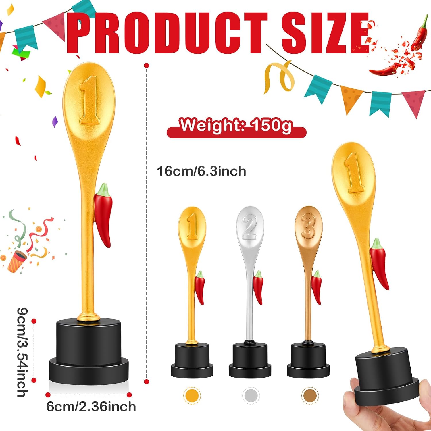 Yinkin 3 Pcs Chili Cook Off Trophies Chili Cook Off Prizes Medals Awards Decorations Salsa Contest Pepper Trophy for Winner Cooking Event Competition Gifts 1st Gold, 2nd Silver, 3rd Bronze(Trendy)