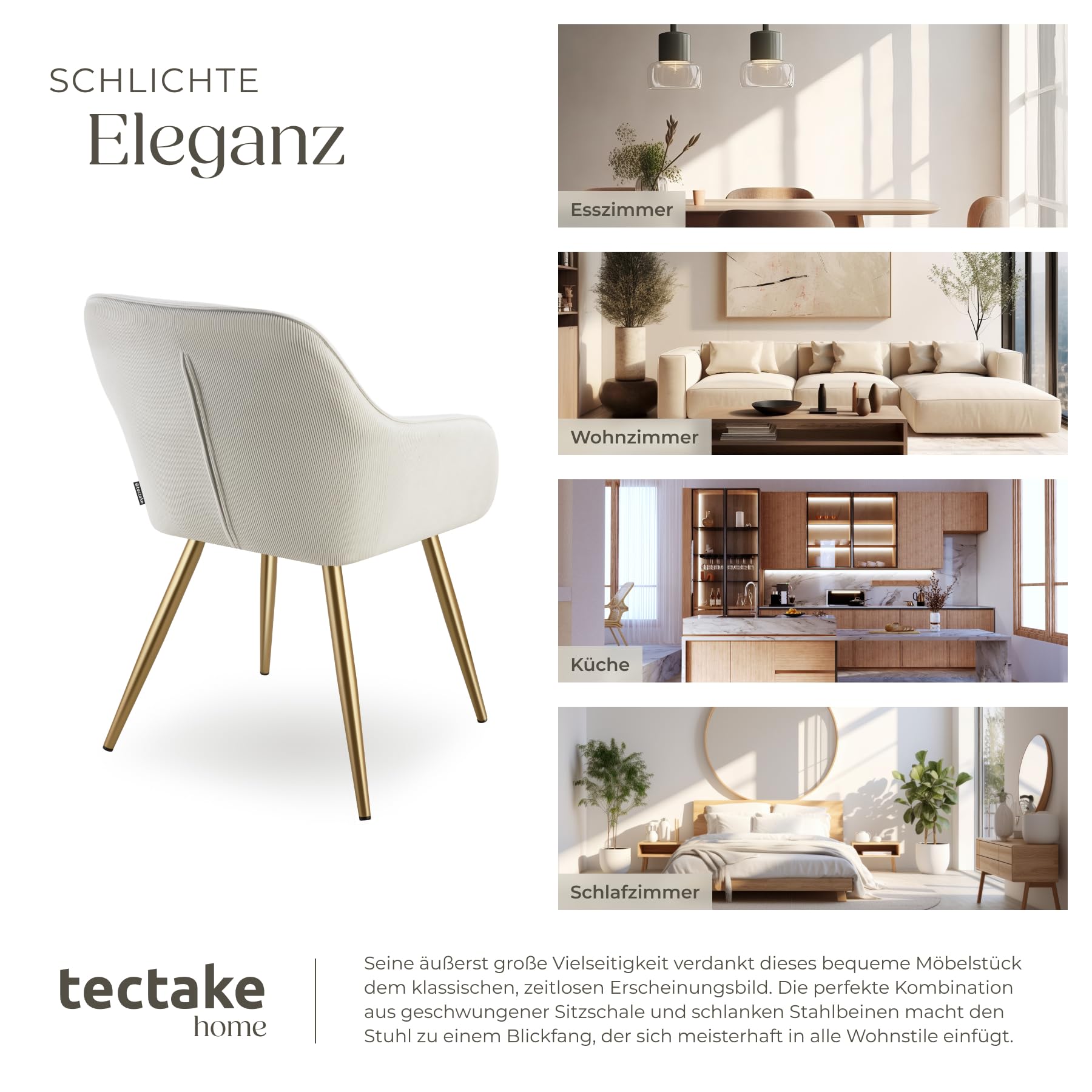 tectake® Esszimmerstuhl, Sessel bequem mit Armlehne, Polsterstuhl, Cord Cocktailsessel, Loungesessel für Wohnzimmer, Esszimmer, Moderne Küchenstühle, Bürostuhl - Creme/Gold