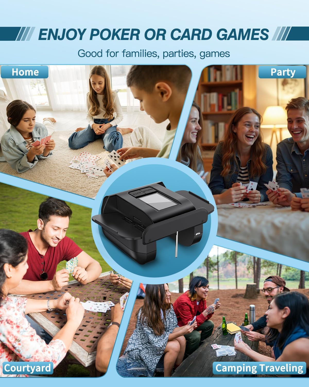 Automatic Card Shuffler, Rechargeable Cards Shuffler Machine with AUTO & Manual Mode, 1-2 Decks Low Noise Electric Shuffling for Poker, UNO, Texas, Blackjack, Skip-Bo, Bridge, Phase 10