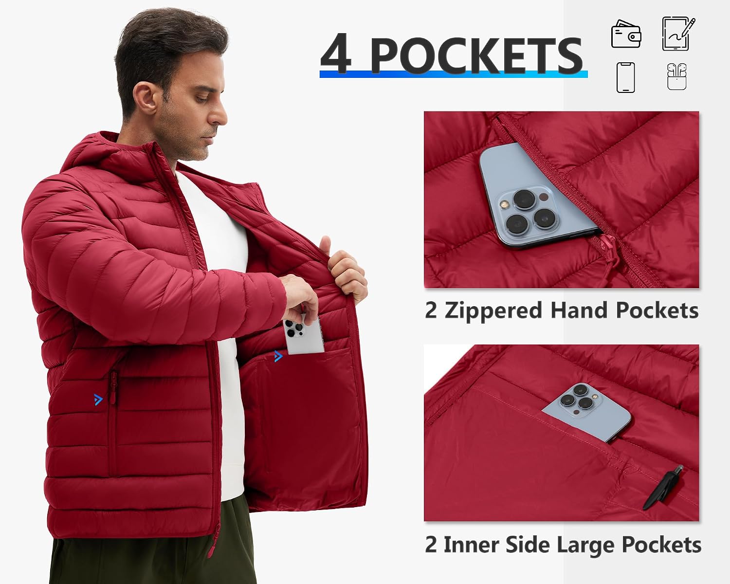 Polu Men's Puffer Jacket with Hood Warm Lightweight Hooded Winter Coat Puffer Jacket for Men Work Outdoor Hiking