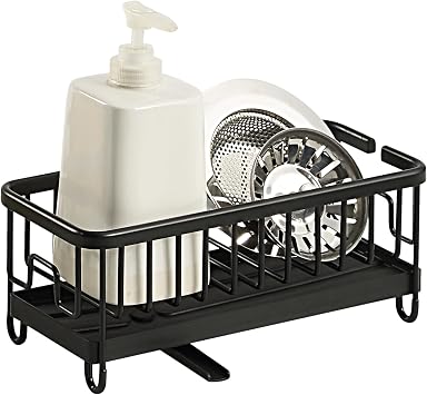 SunnyPoint Never Rust Aluminum Utensil, Sink Cleaning Tools Holder for Kitchen Sink with Drain Board; Dish Wand, Sponge, Soap Dispenser, Utensil Organizer Caddy BLK