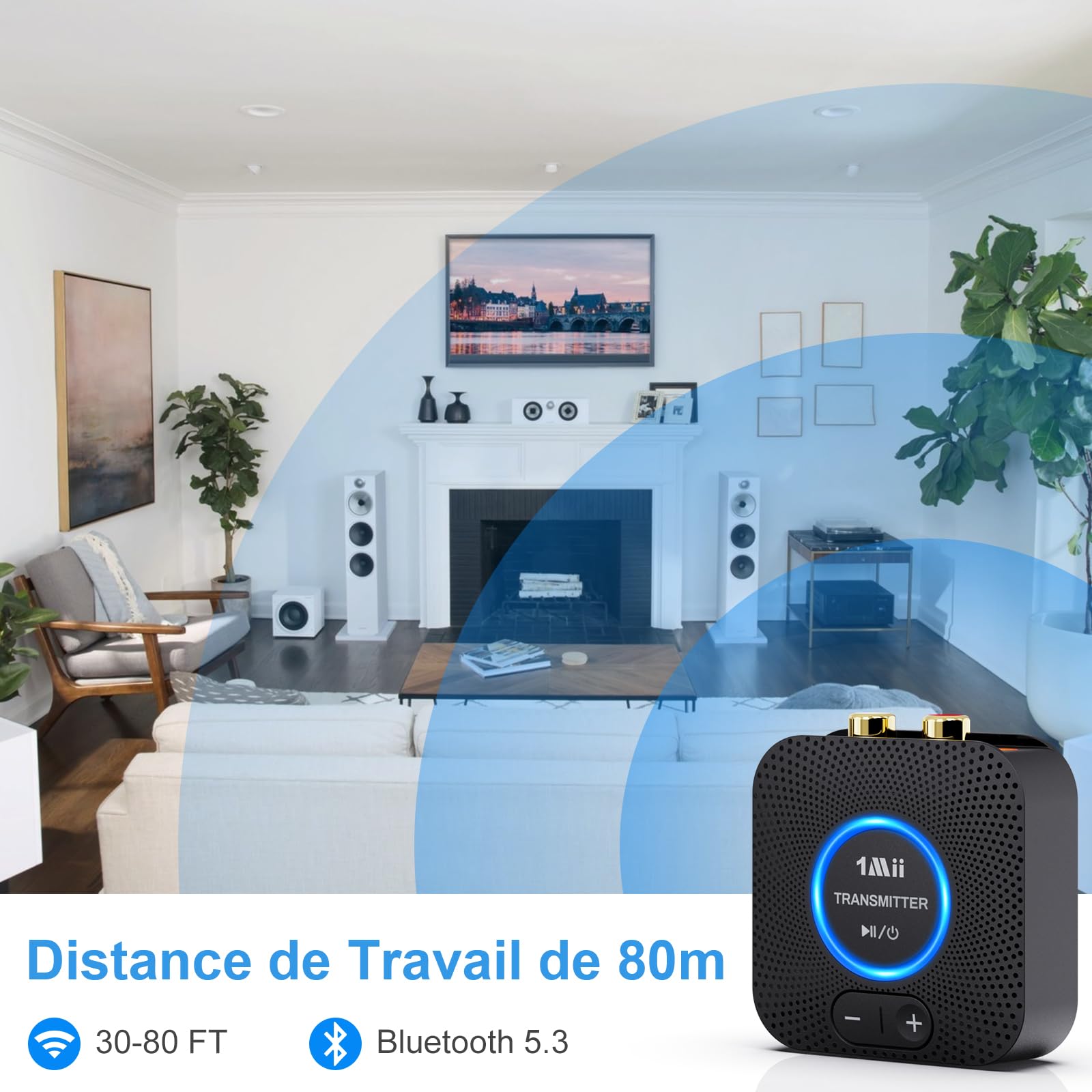 1Mii 2.4GHz (1 TX + 1 RX), Emetteur Récepteur Audio sans Fil Transmetteur | pour TV/ PC vers Chaîne Hi-FI, Contrôle du volume, Faible Latence pour Amplificateur/ Home Cinéma, RCA et 3,5mm AUX In/Out