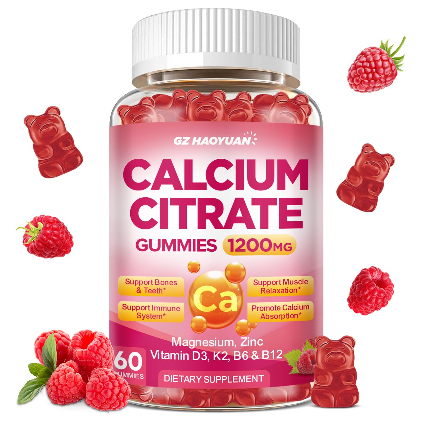 Calcium Citrate Gummies - 1200mg Calcium Gummies Supplements for Women & Men with Vitamin D3, K2, Magnesium, Zinc High Absorption for Muscle & Immune Support, Raspberry Flavor, 60 Count Raspberry 60 Count (Pack of 1)