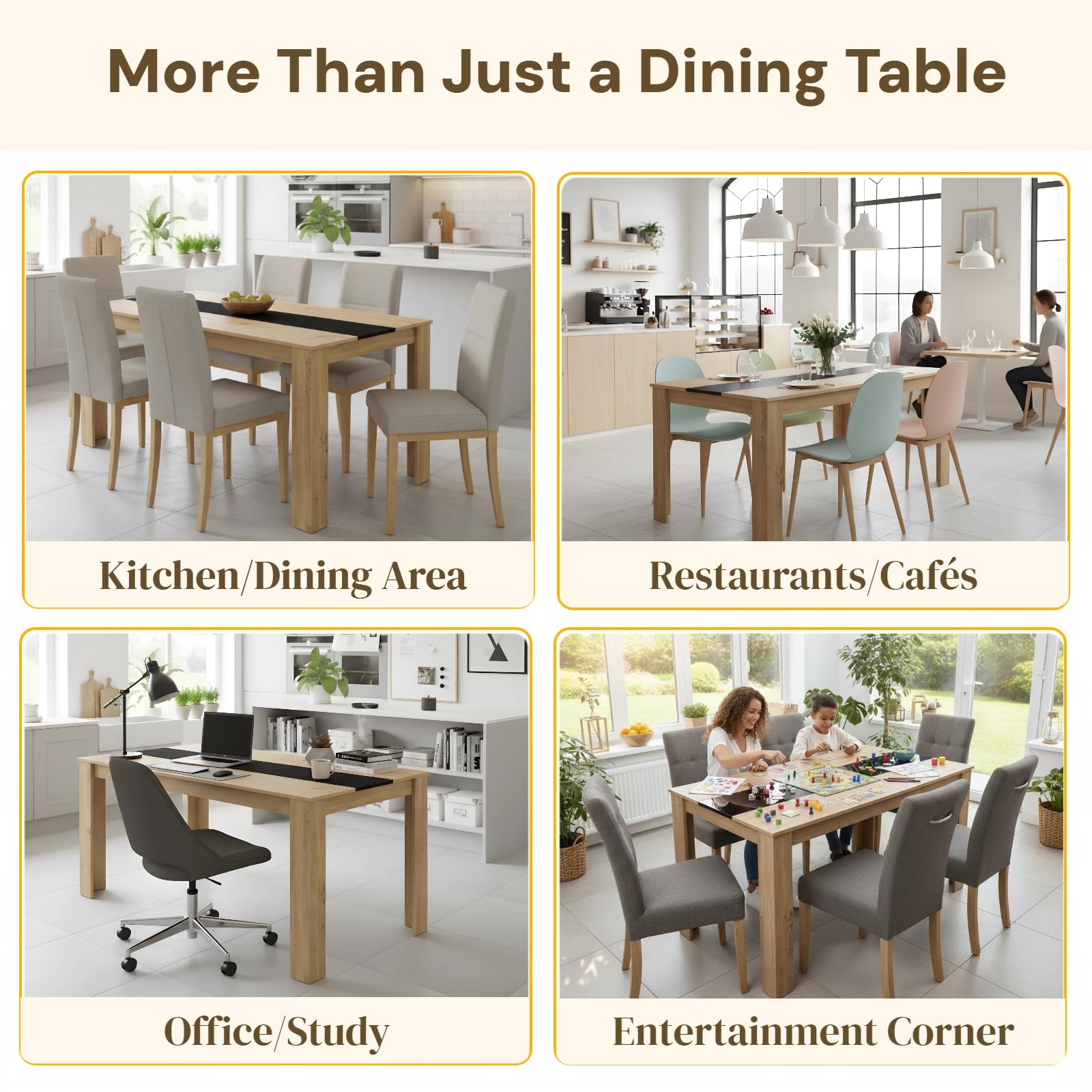 Table de Salle à Manger 140 cm pour 6 Personnes, Table de Cuisine Rectangulaire en Bois pour Salle à Manger Cuisine Restaurant ou Salon, Style Industriel, Chêne et Noir, 140×70×75 cm