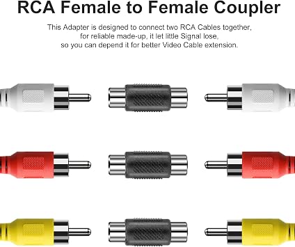 RCA Female to Female Coupler, 3 Pack Audio Video Adapter Connector Gold Plated Jack to Jack Converter Cables Extender for Speaker, Amplifier, TV, Cable, Silver