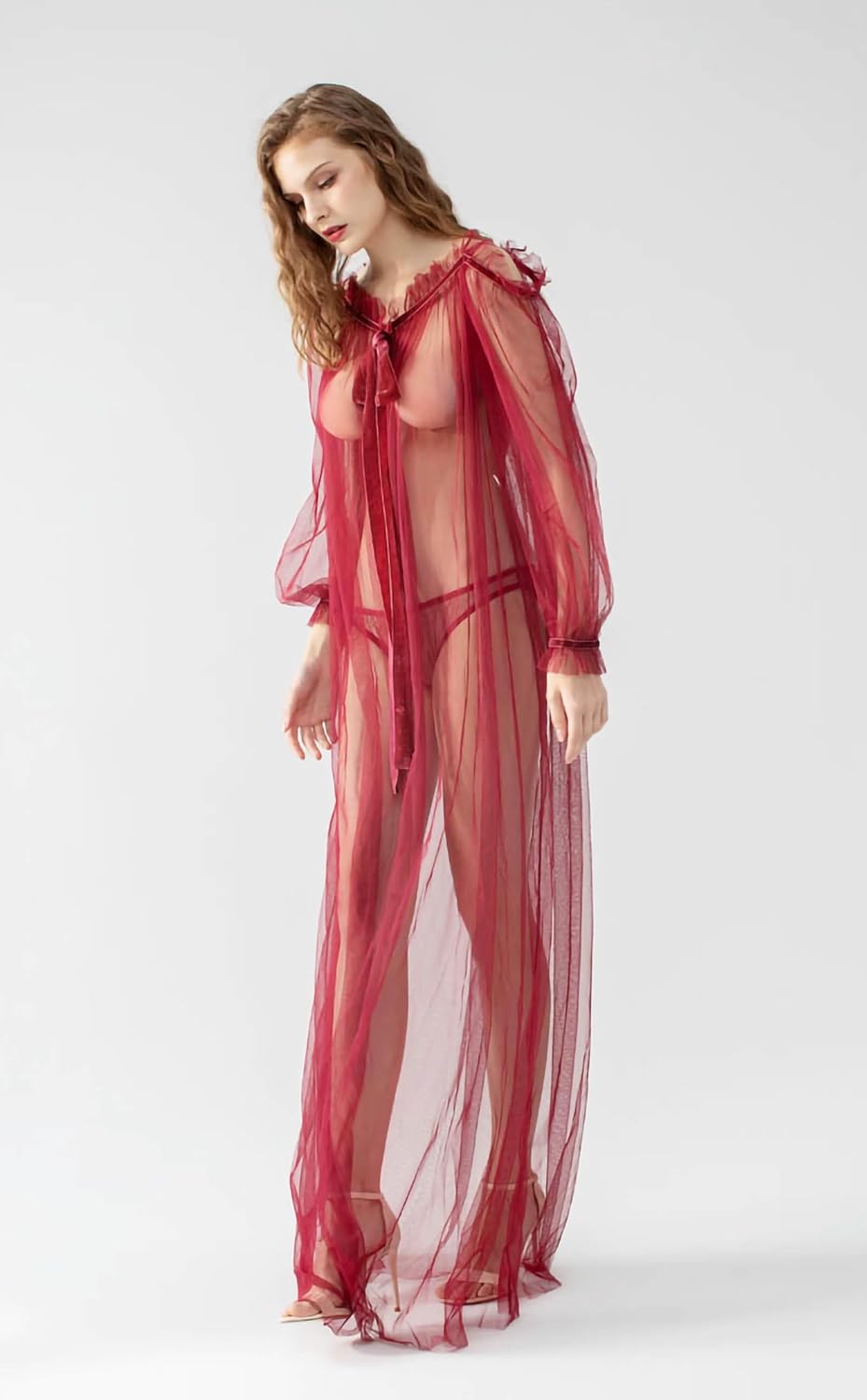 Women Long Mesh Nightgowns and Underpants Lace Babydoll Lingerie Sleepwear See Through Robe with Sleeve - Image 5