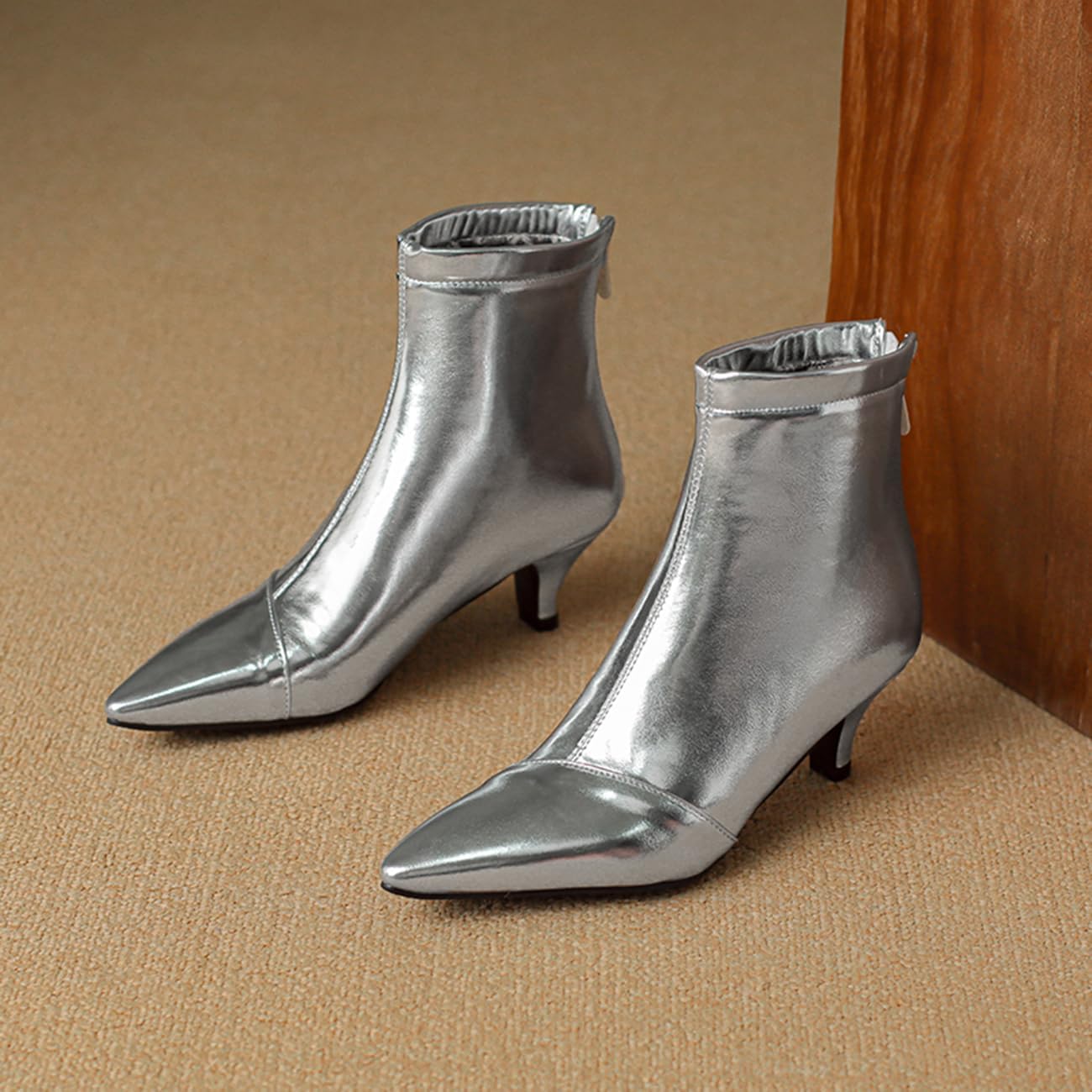 Fashion Kitten Heels Ankle Boots for Women Pointed Toe Zipper Office BootiesEU32-48