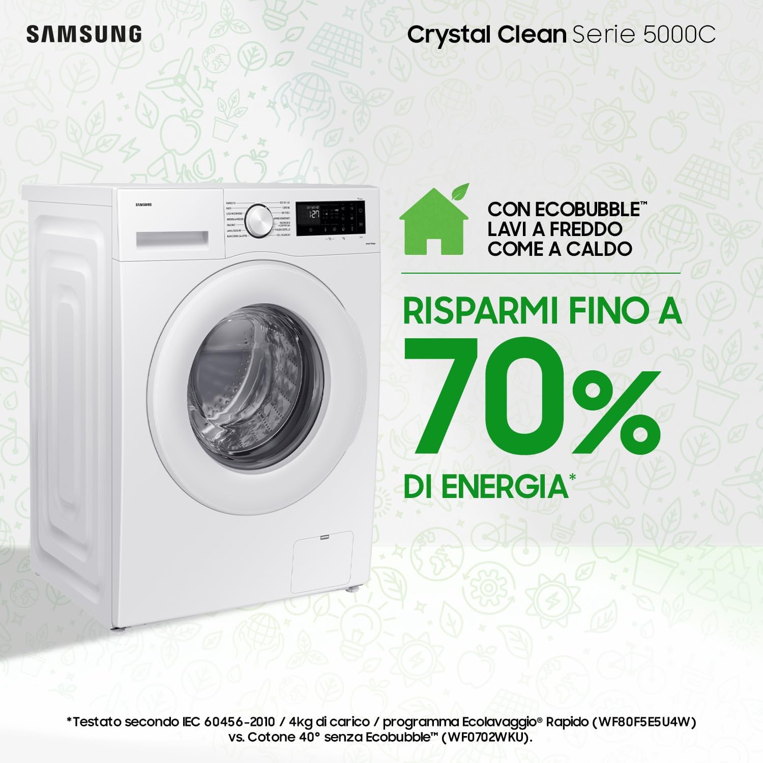 Washing machine with Ecobubble logo, indicating energy savings of up to 70% by washing cold.