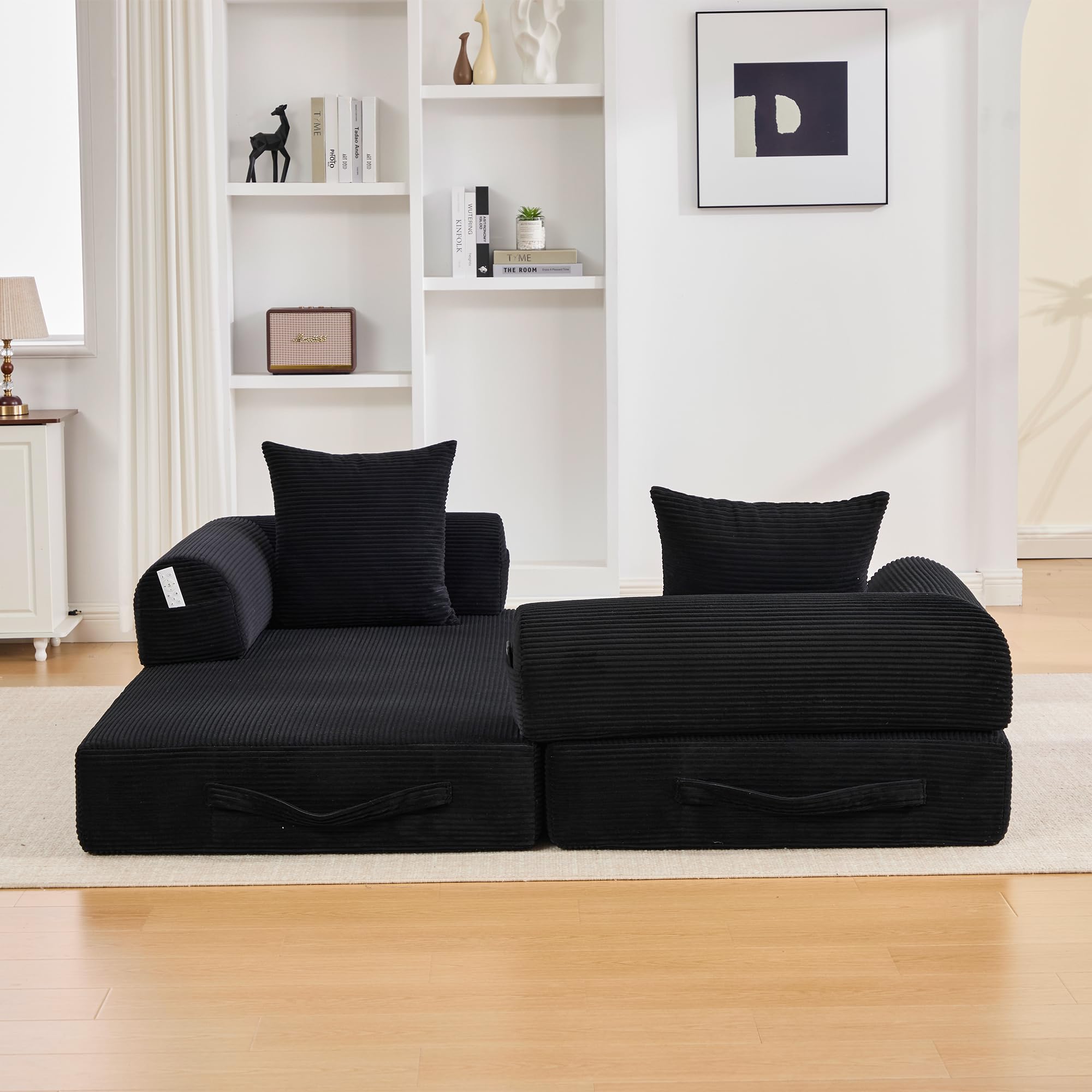 Sofa Cama Plegable Modular 3 Plazas de 200 cm, Sofá Cama con 3 Cojines y Estructura Metálica, Sofa 3 Plazas con Bolsillo Lateral, Sofás Comprimidos Boneless Couch, Pana, 200x94x67 cm, Negro