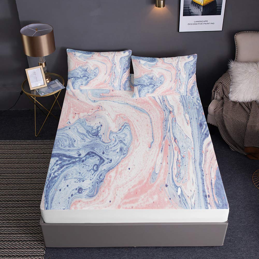 Chickwin Marble Fitted Sheet for Double King Single Bed, Printed Bed Sheets with Pillow Cases - 30cm Deep Hypoallergenic Microfiber Easy Care No Color Fade (Light blue,160x200x30cm)