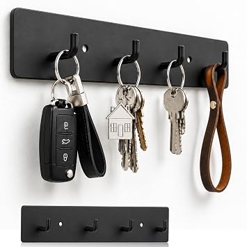 Key Holder Wall Mount Key Rack, Hanging Keys Hanger Hooks for Wall-Mounted Black Rail with 4 Hooks Storage Organizer Home Decor, Self Adhesive no Drill or Screws