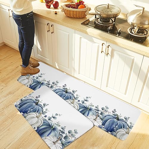Miniatura 5 de Tapete de camino de cocina de otoño, diseño de calabazas azules y blancas de eucalipto, ducha, bañera, puerta de bienvenida, lavable, para