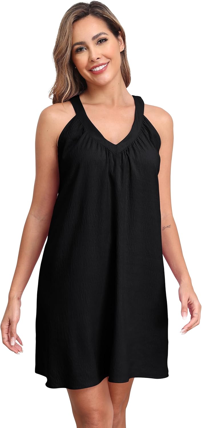 AUHEGN Nightgowns for Women Sleeveless Sleepwear Wide Strp Lightweight Sleep Shirt Pleated V Neck Nightshirts