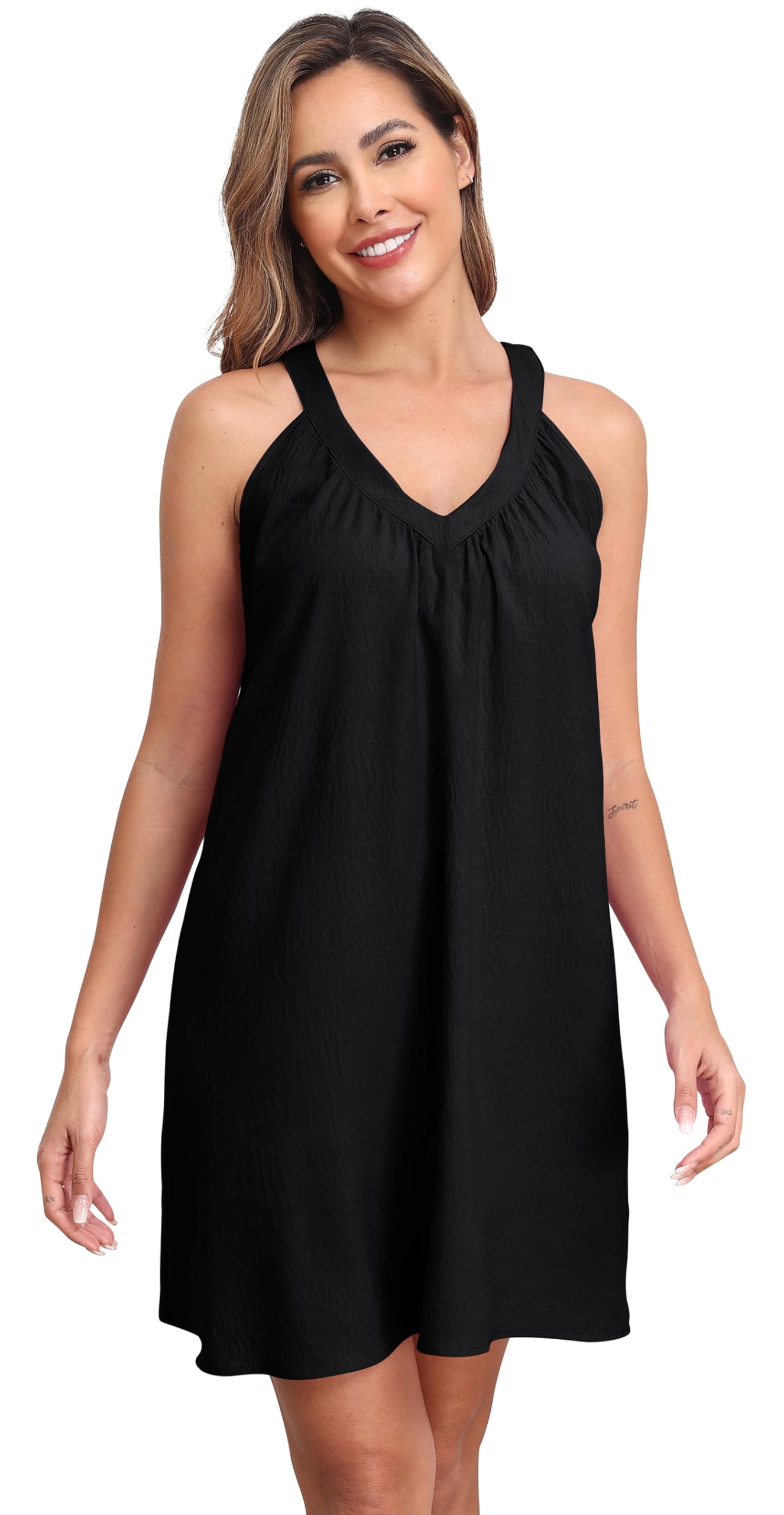 AUHEGN Nightgowns for Women Sleeveless Sleepwear Wide Strp Lightweight Sleep Shirt Pleated V Neck Nightshirts