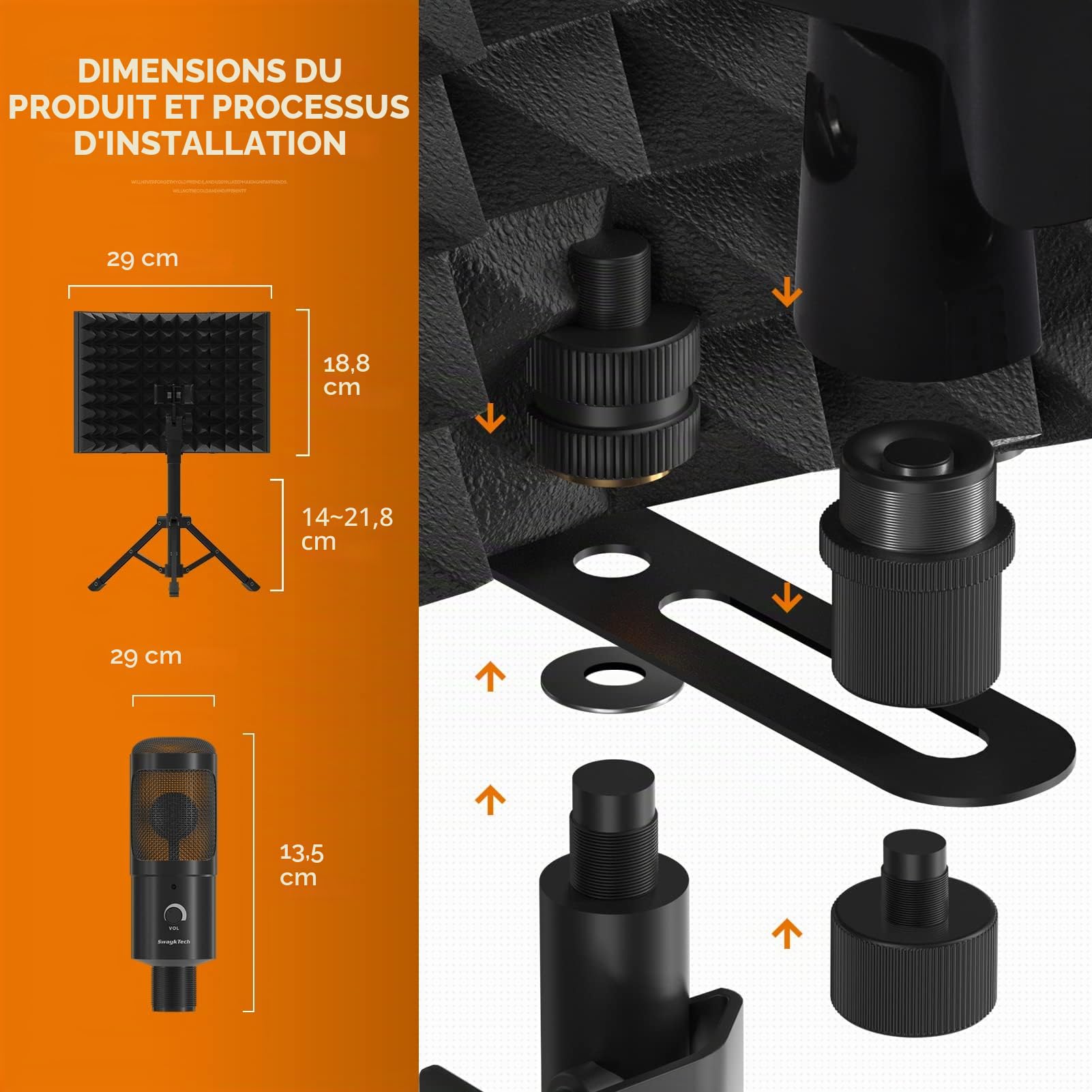 Microphone Studio d’Enregistrement avec Bouclier d’Isolation, Filtre Anti-Pop et Support Trépied Métal, Micro pour PC, Ordinateur Portable, Smartphone, Musique, Chant, Podcast