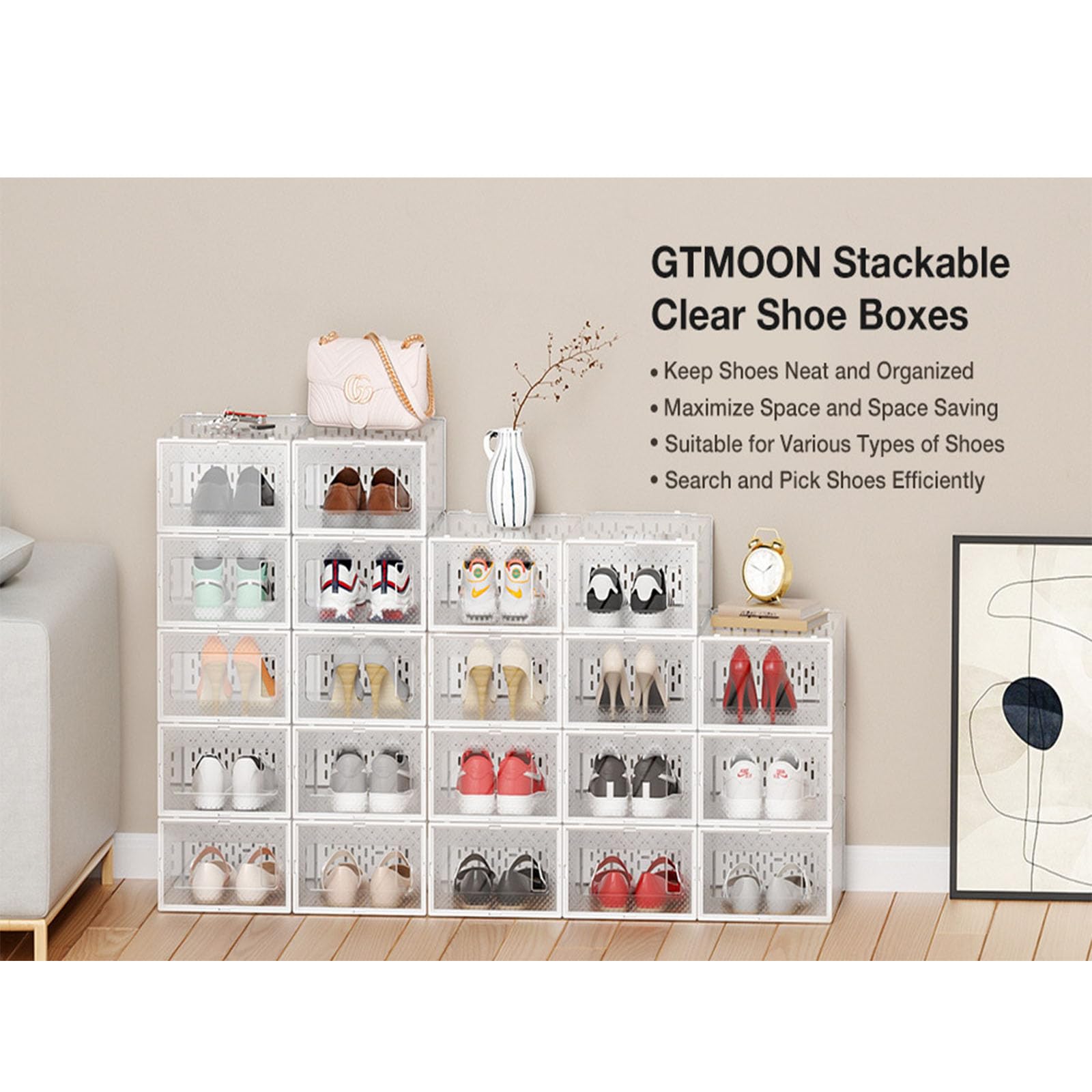 Paquete de 12 cajas de almacenamiento apilables de plástico transparente para zapatos, ahorro de espacio y plegables con puerta transparente para ventilación y almacenamiento a prueba de polvo, color