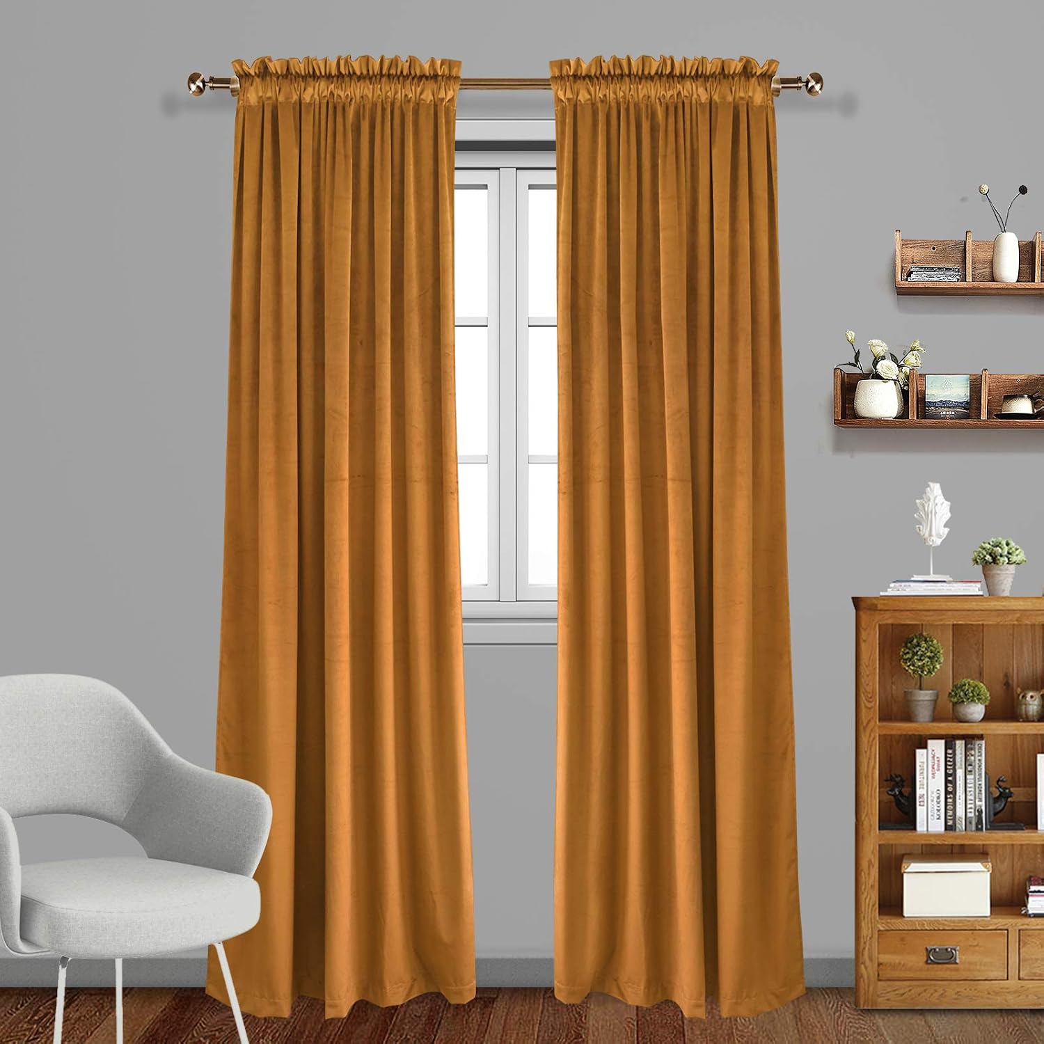 Eamior Living Room Blackout Velvet Curtains - Super Soft Dutch Velvet Rod Pocket Drapes Sound Reducing Heavy Solid Panels (2 Panels, 84" Length, Yellow)