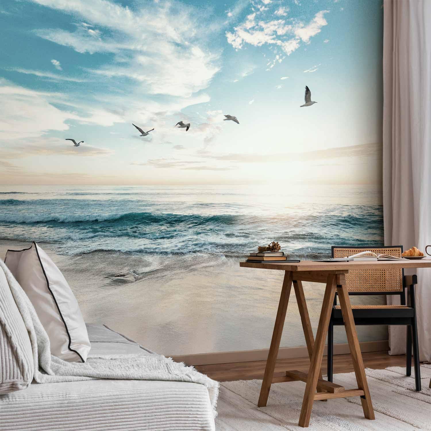 murando - Carta da Parati Adesiva Mare Spiaggia 392x280 cm Fotomurali Adesivi Murali Rivestimento Parete Moderna per Pareti Adesiva Muro Decorativo Fotomurale Ciel Uccelli Paesaggio Natura
