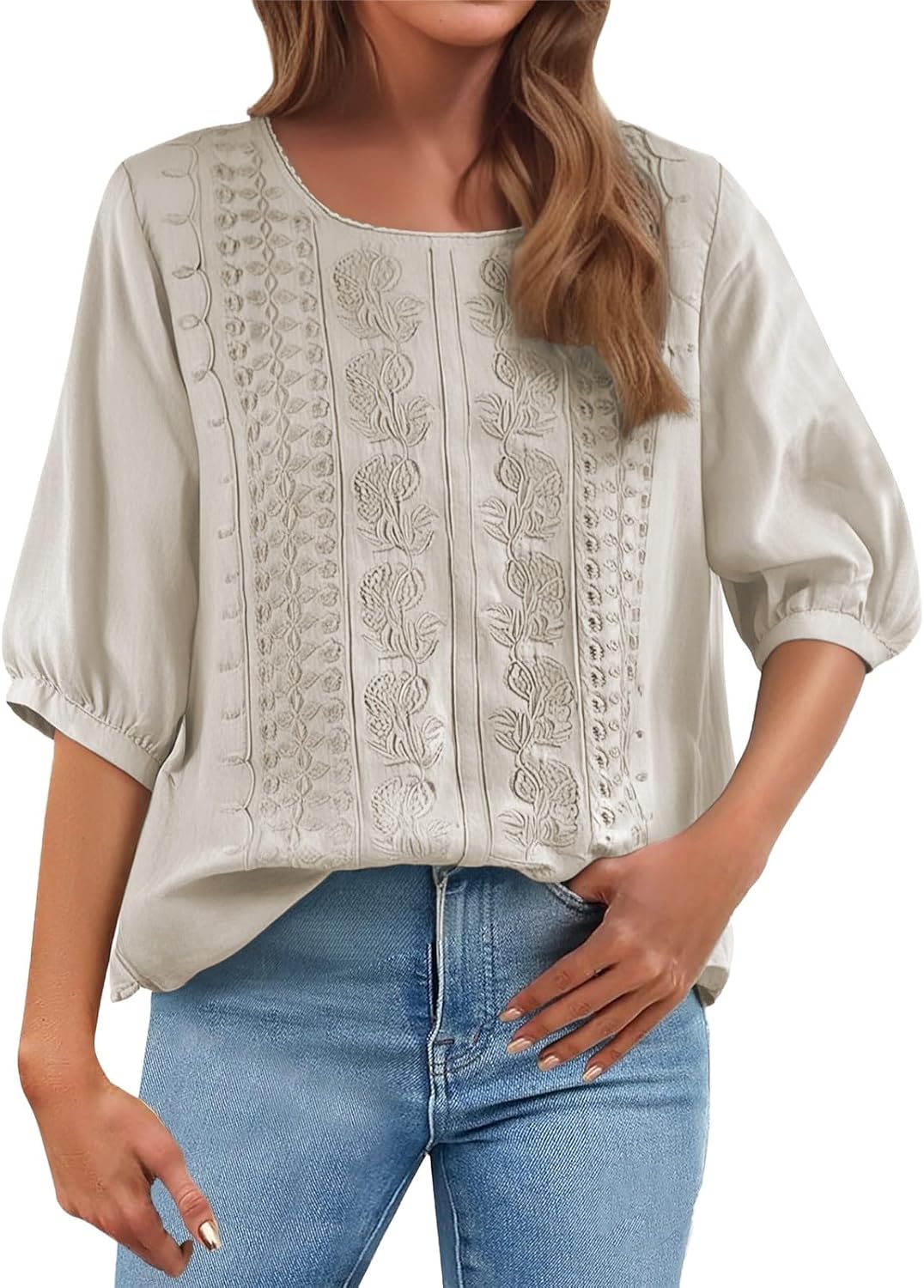 Cotton Linen Tops for Women Summer Casual 3/4 Sleeve T Shirts ...