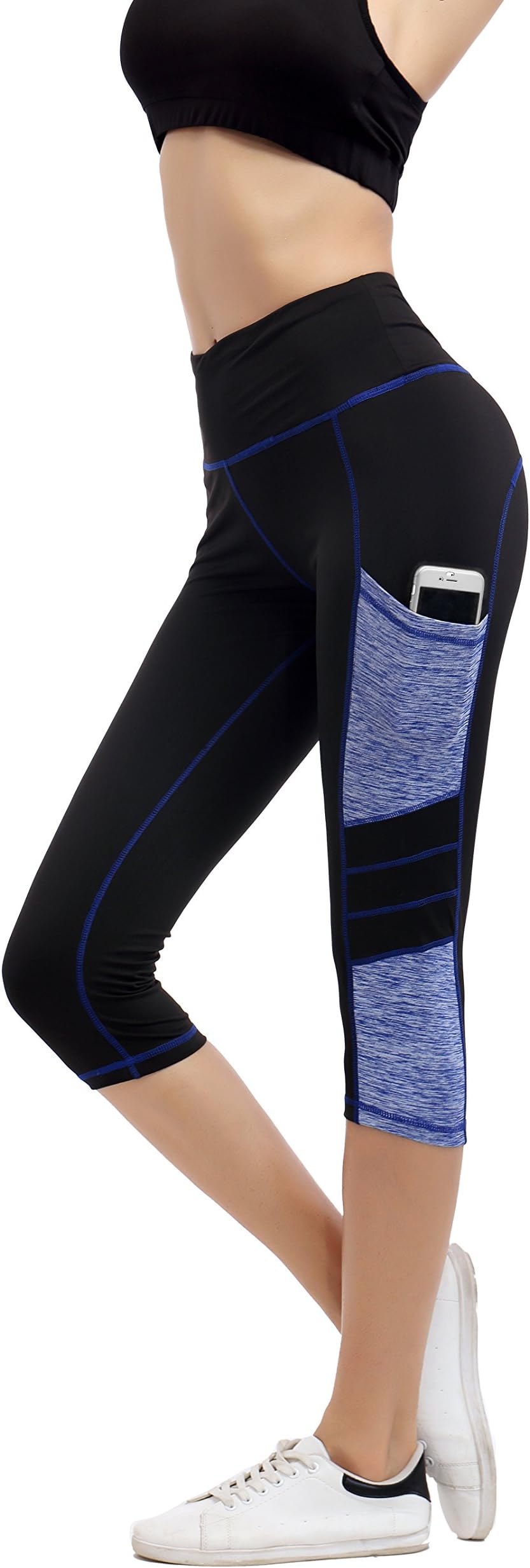 IMIDO Women's Yoga Capri Pants Sport Tights Workout Running Leggings with Side Pocket (L, Capri Pants)