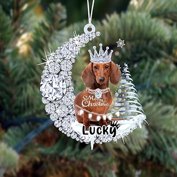 Christmas Dog Lovers- Dachshund Dog Moon, Personalized Shaped Ornament - Custom Your Dogs Name, Gifts for Christmas Tree Decor, Birthday, Christmas, Men, Women