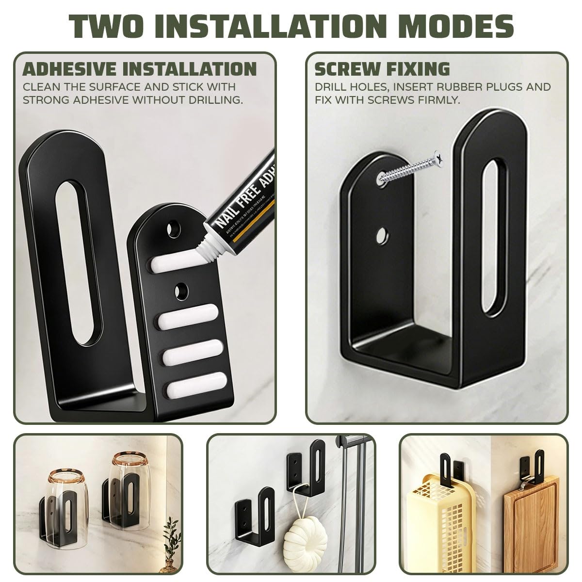 Set da 6 Porta Tagliere sotto Mobile, Supporto Tagliere Metallo Nero Salvaspazio, Multifunzionale Staffe per Utensili da Cucina, Kit Completo con Adesivo Autoadesivo e Viti