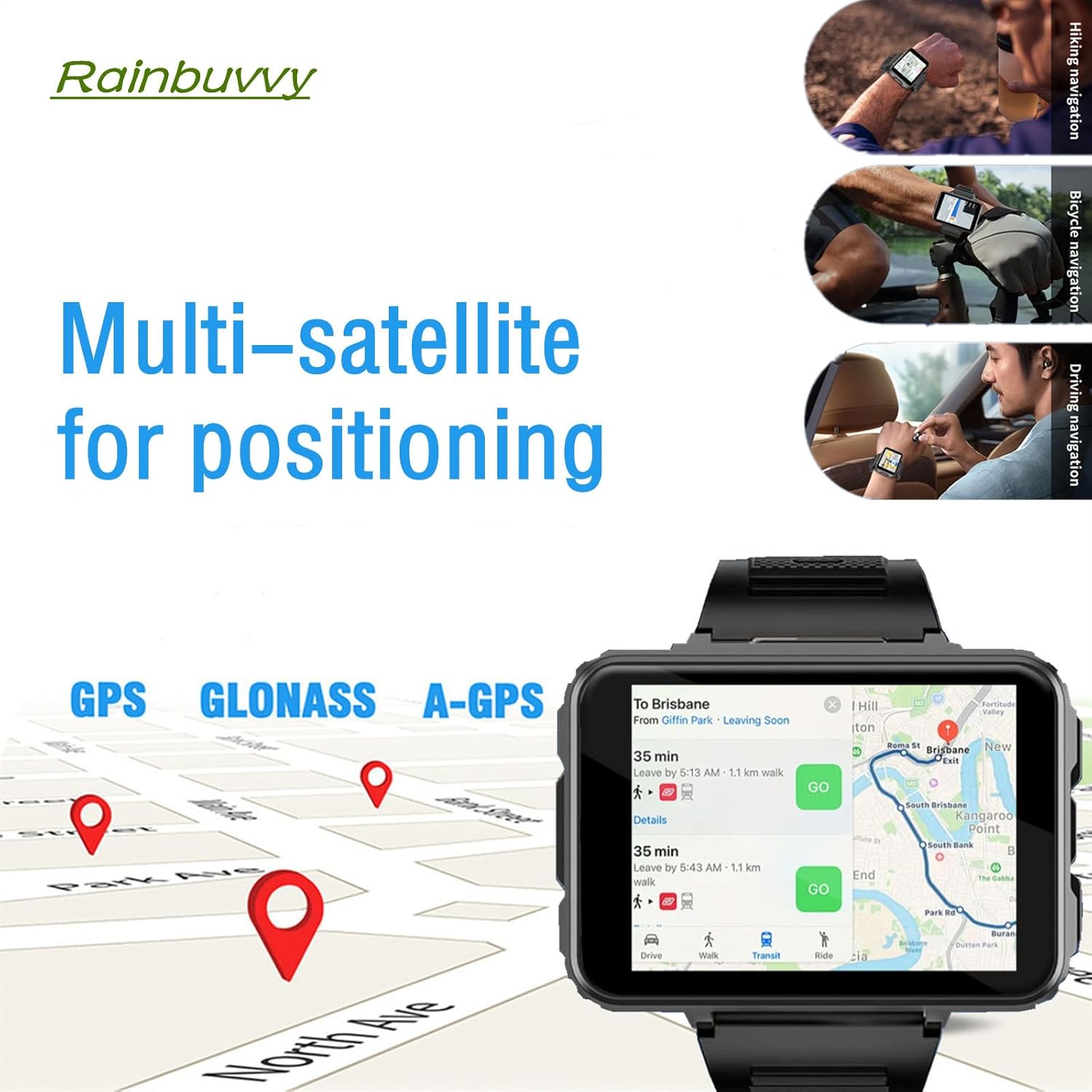 Smartwatch displaying GPS navigation with multi-satellite support