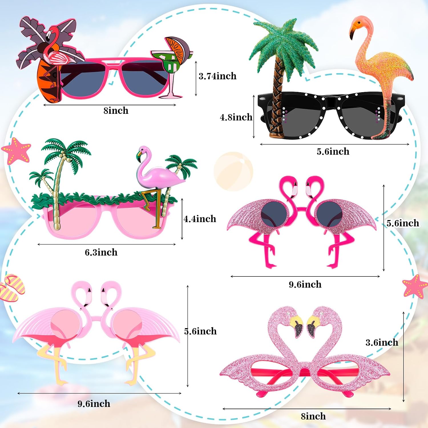 6 Pcs Flamingo Sunglasses Party Funny Costume Decorations Hawaiian Summer Fashion Coconut Tree Glasses Tropical Fancy Photo Props for Men Women Adult Luau Dancing Beach Theme Party