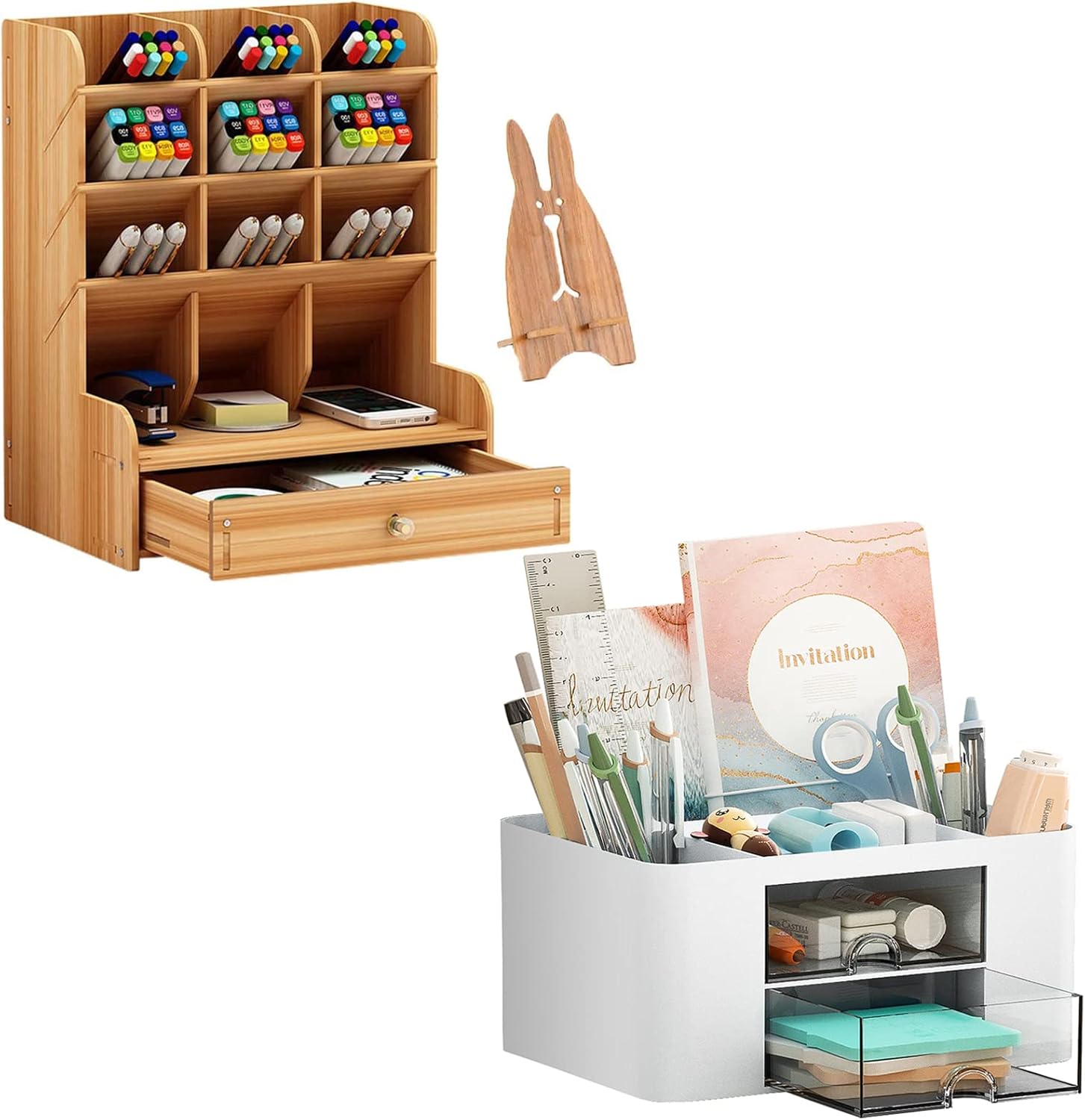 Marbrasse Wooden Desk Organizer, Multi-Functional DIY Pen Holder Desk Organizer with 2 Drawer