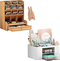 Vista 1 de Marbrasse Organizador de escritorio de madera, organizador de escritorio multifuncional con 2 cajones