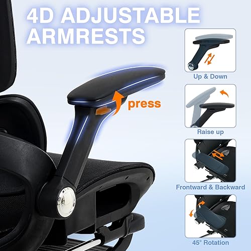 Miniatura 7 de Silla de oficina ergonómica de malla con reposabrazos 4D, silla de escritorio con respaldo alto, sillas de juegos para computadora con reposapiés,