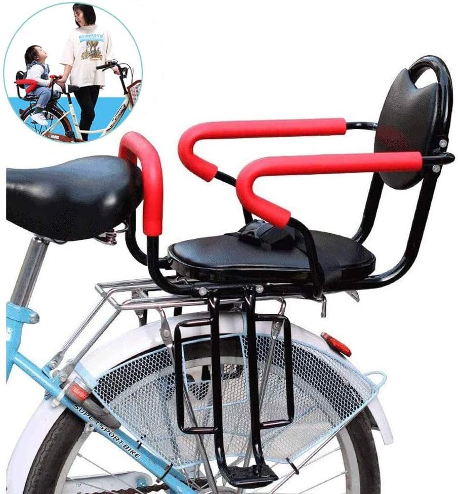 Child Bicycle Seat Rear Mounted, Metal Bike Seat Back Mount Safety Baby Carrier Seat with Cushion & Backrest Foot Pedals/Armrest, Handrail, Hold Up to 50Kg