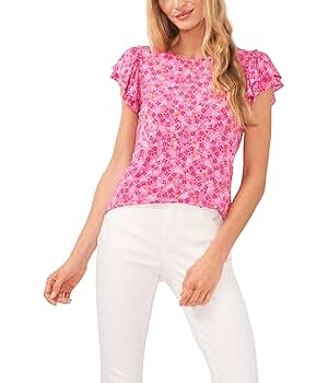 CeCe Women's Printed Double Ruffle Knit Blouse, Pink Punch