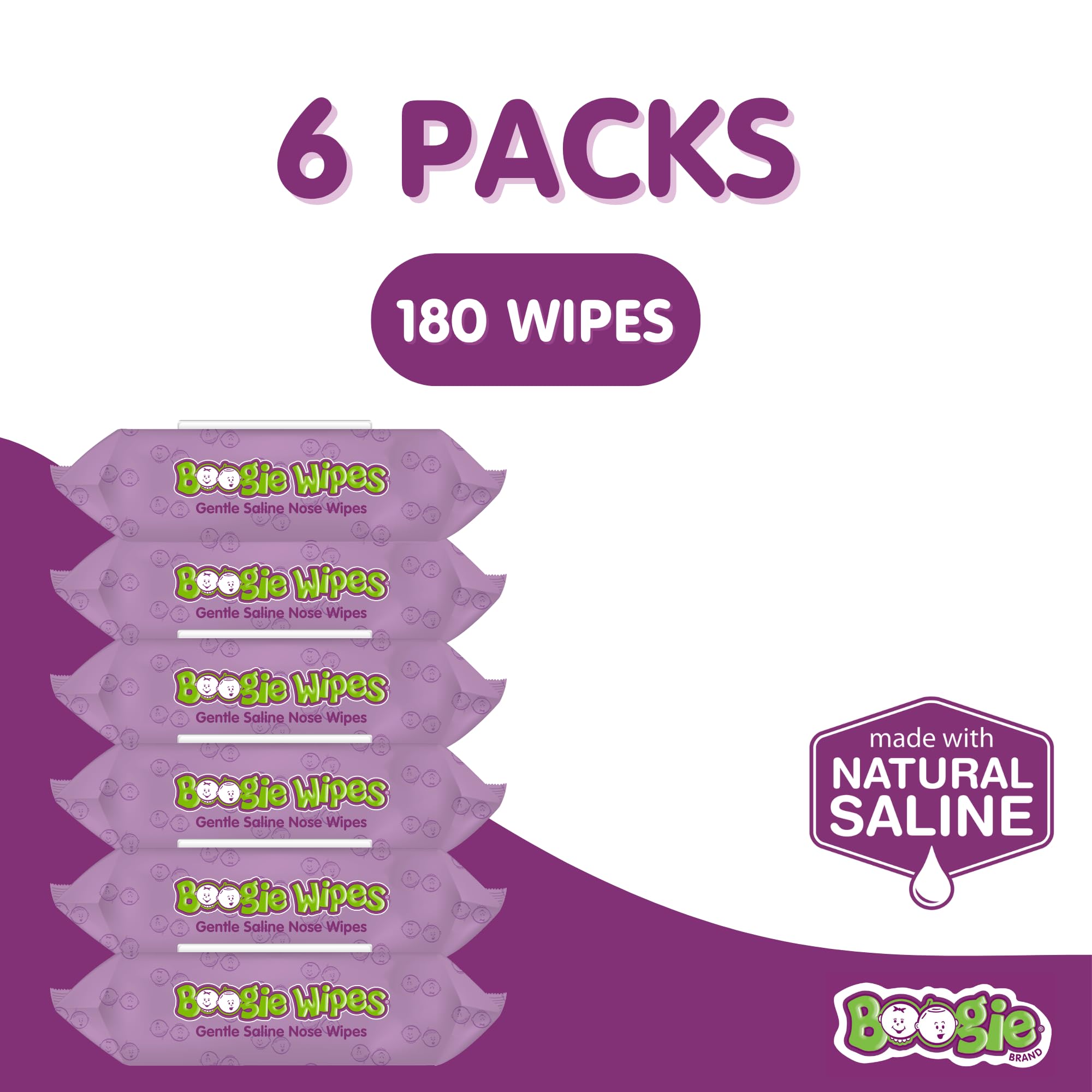 Boogie Wipes Natural Saline Kids and Baby Nose Wipes for Cold and Flu, Grape Scent, 30 Count (Pack of 6)