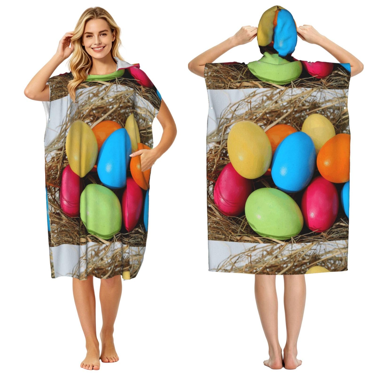 Poadnly Easter Egg Colorful Modern, Adult Hooded Beach Towel 90 x 110 cm,Changing Bath Robe, Surf Poncho Towel For Women Men