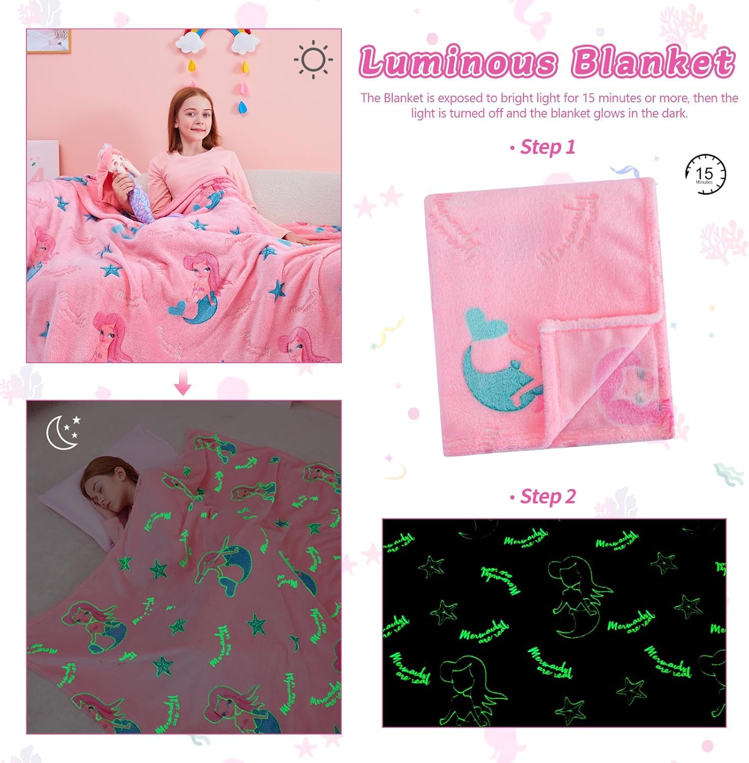 TONY STARK ULTRAAGLOW Glow in The Dark Blanket for Kids (0-15 Years, 200x152 Cm) Soft Flannel Fleece Throw, Cozy & Warm All-Season Radium Blanket for Boys & Girls (Pink Mermaid Moonbeam) 4