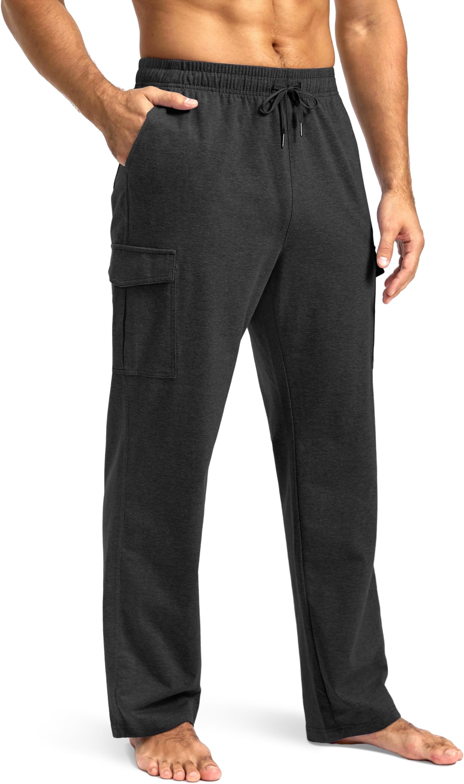 Men's Cotton Sweatpants with Cargo Pockets Open Bottom Yoga Pants for Men Lounge Pants for Athletic Workout Casual