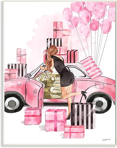 Stupell Industries Pink Fashionista Glam Car - Elegante caja de regalo con diseño de Ziwei Li, placa de pared, 13 x 19 pulgadas