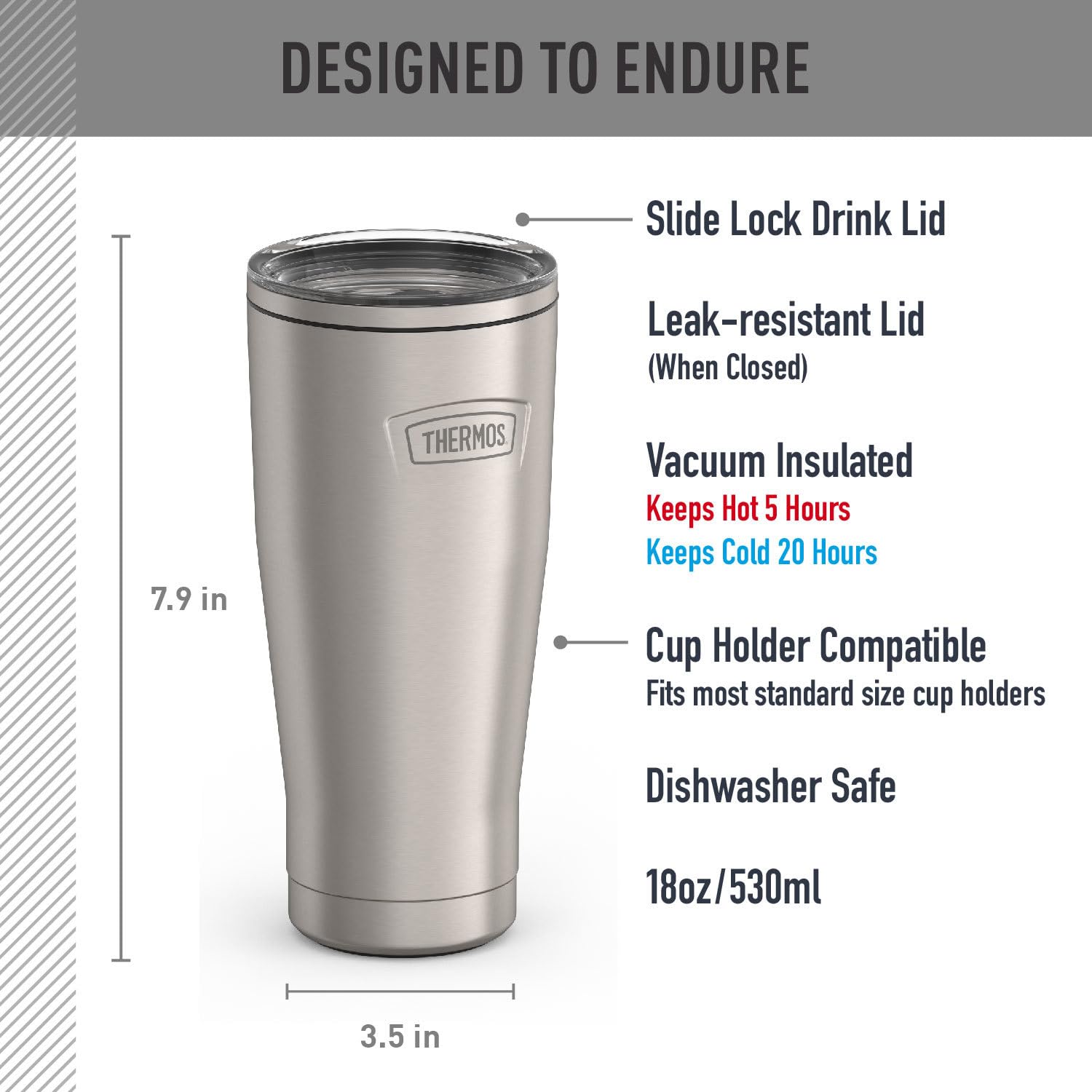 THERMOS Icon Series Edelstahlbecher mit Schiebeverschluss, 530 ml, matter Edelstahl