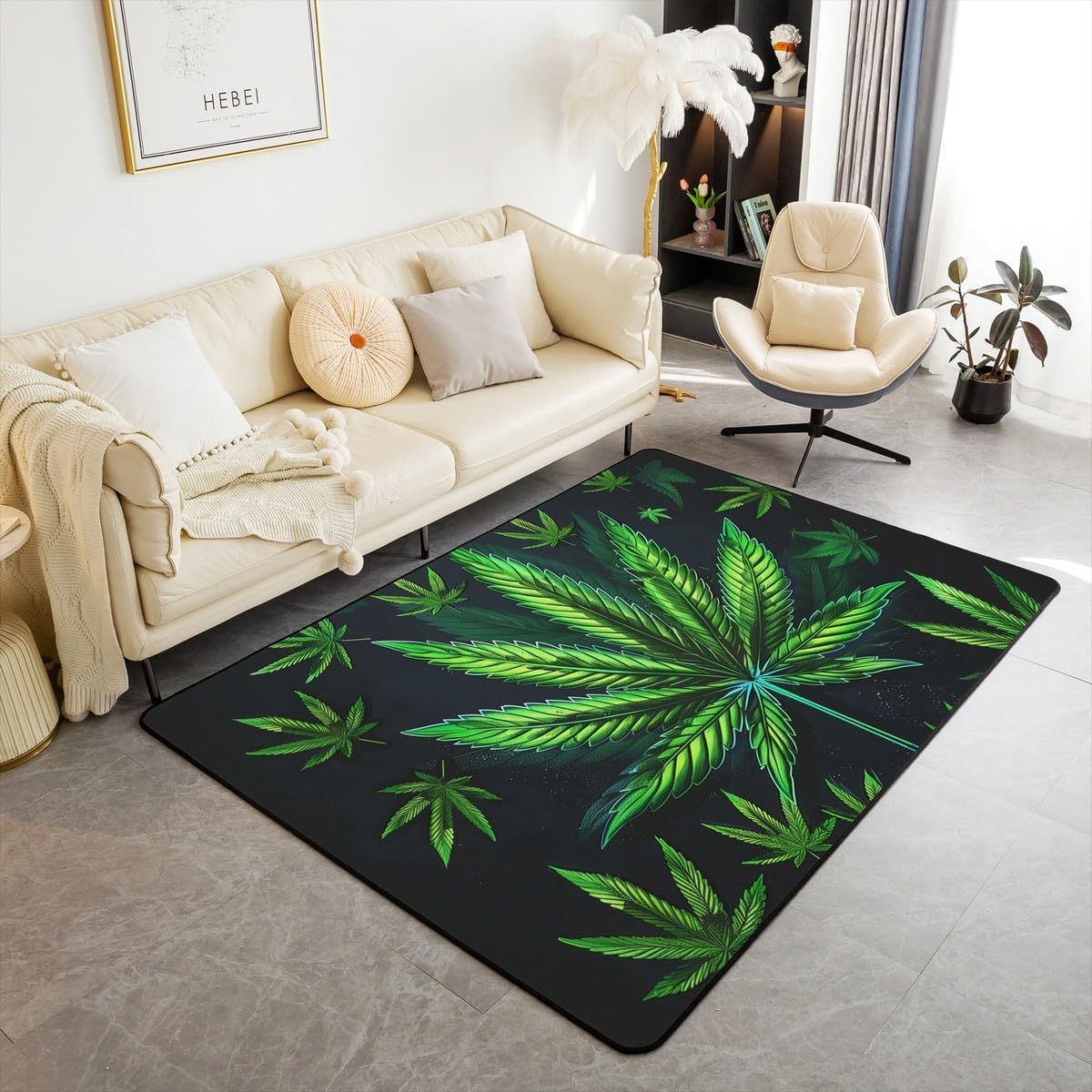 Cannabis Leaf Living Room Rugs Area Rug 3'x5',Marijuana Leaf Weed Psychedelic Rug for Warm Indoor Floor Mat,Neon Green Leaves Botanical Trippy Non-Slip Decorative Rug