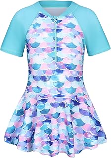 Qterdiz Girls One Piece Swimsuits Short Sleeve Swim Dress for Girls Hawaiian Skirted Bathing Suit Summer Swimwear 3-16 Years Price In India