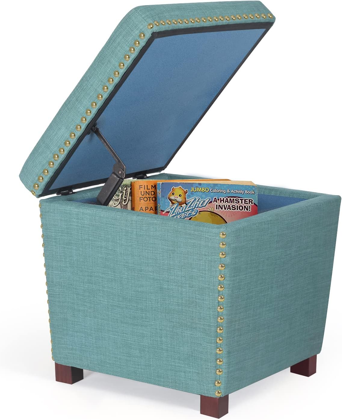 Adeco Square Storage Ottoman with Hinged Lid, Modern Accent Bench Footrest Stool, Coffee Table for Living Room Bedroom,Light Blue