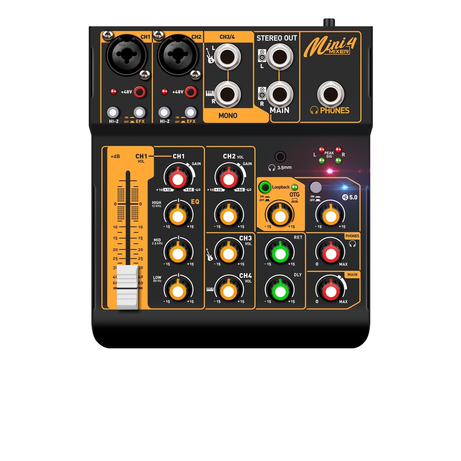 Table de mixage audio, Console de mixage Audio Mini 6 à canaux, 2 pièces, avec réverbération Bluetooth 5.0 OTG(Mini 4)