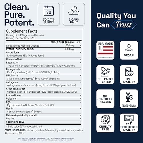 Miniatura 5 de Eternity NAD+ Suplemento + Resveratrol - 1050 mg - 15 ingredientes avanzados para apoyar la energía y el envejecimiento saludable, piel saludable,