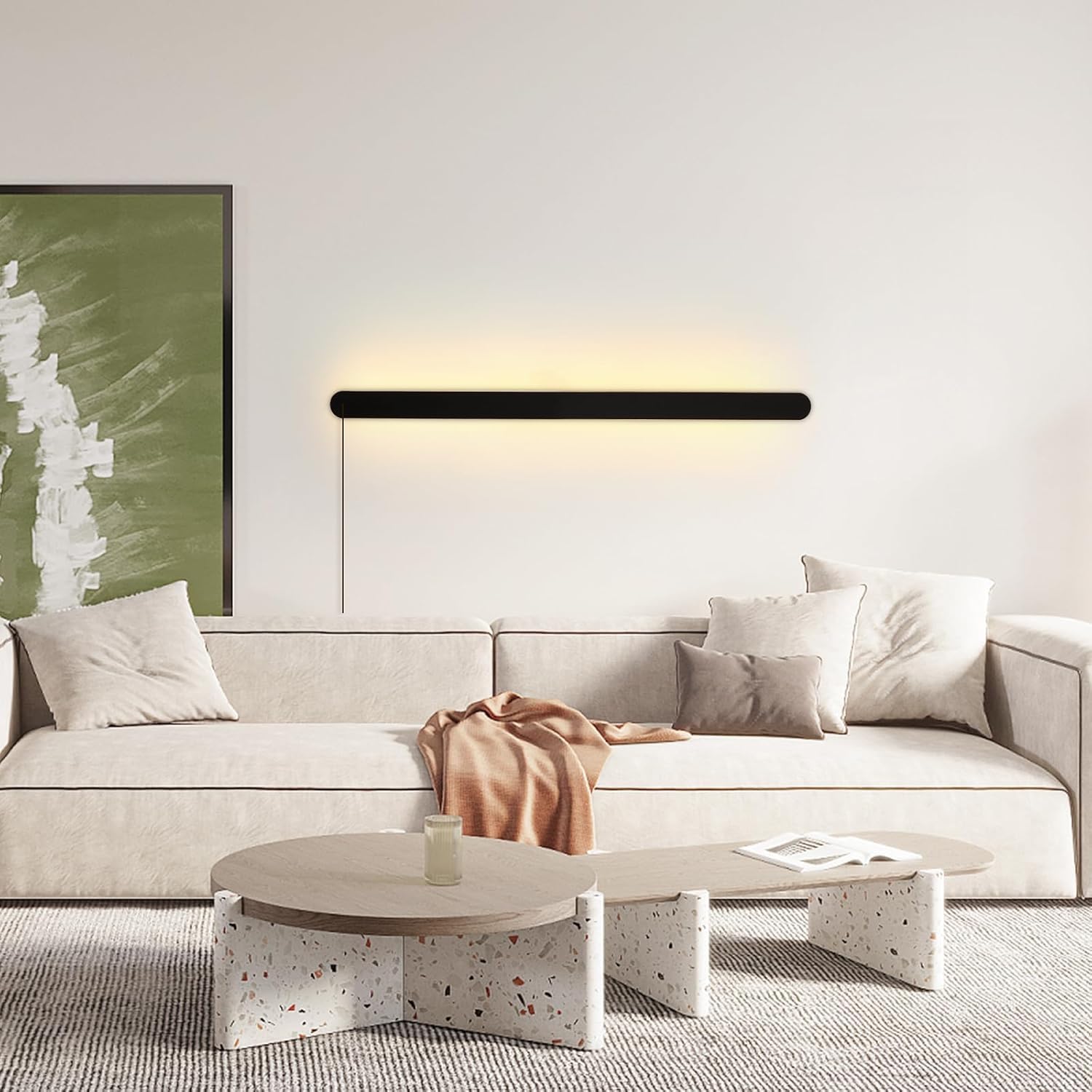 Modern Plug in Wall Sconce, 31.49" Black Matte Long LED Wall Lights, 16W Warm White 3000K Acrylic Indoor Wall lamp, with 59" Plug Cable for Bedroom, Living Room, Hallway