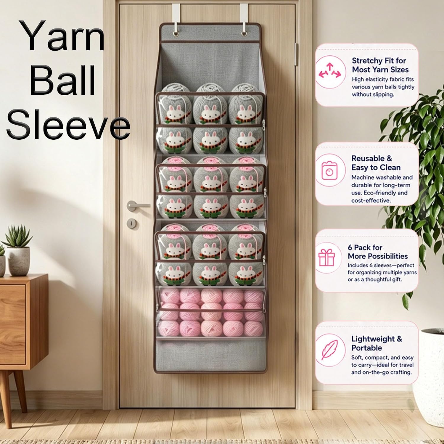 Yarn Ball Sleeve Yarn Cozy Holder for Center Pull Yarn Cakes, Stretch Yarn Organizer Cover for Knitting Crochet and Craft Projects, Reusable Bunny Design Skein Covers 6 Pack