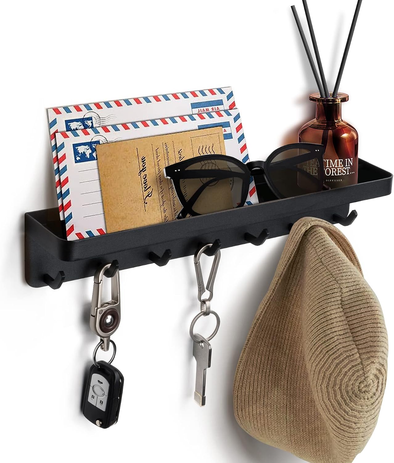 koroda Magnetic Key Holder for Wall: Self Adhesive Key Rack with Small Shelf and 7 Metal Hooks - Wall Mount Mail Organizer with Hanger for Door Entryway Hallway and Office (Modern Black)
