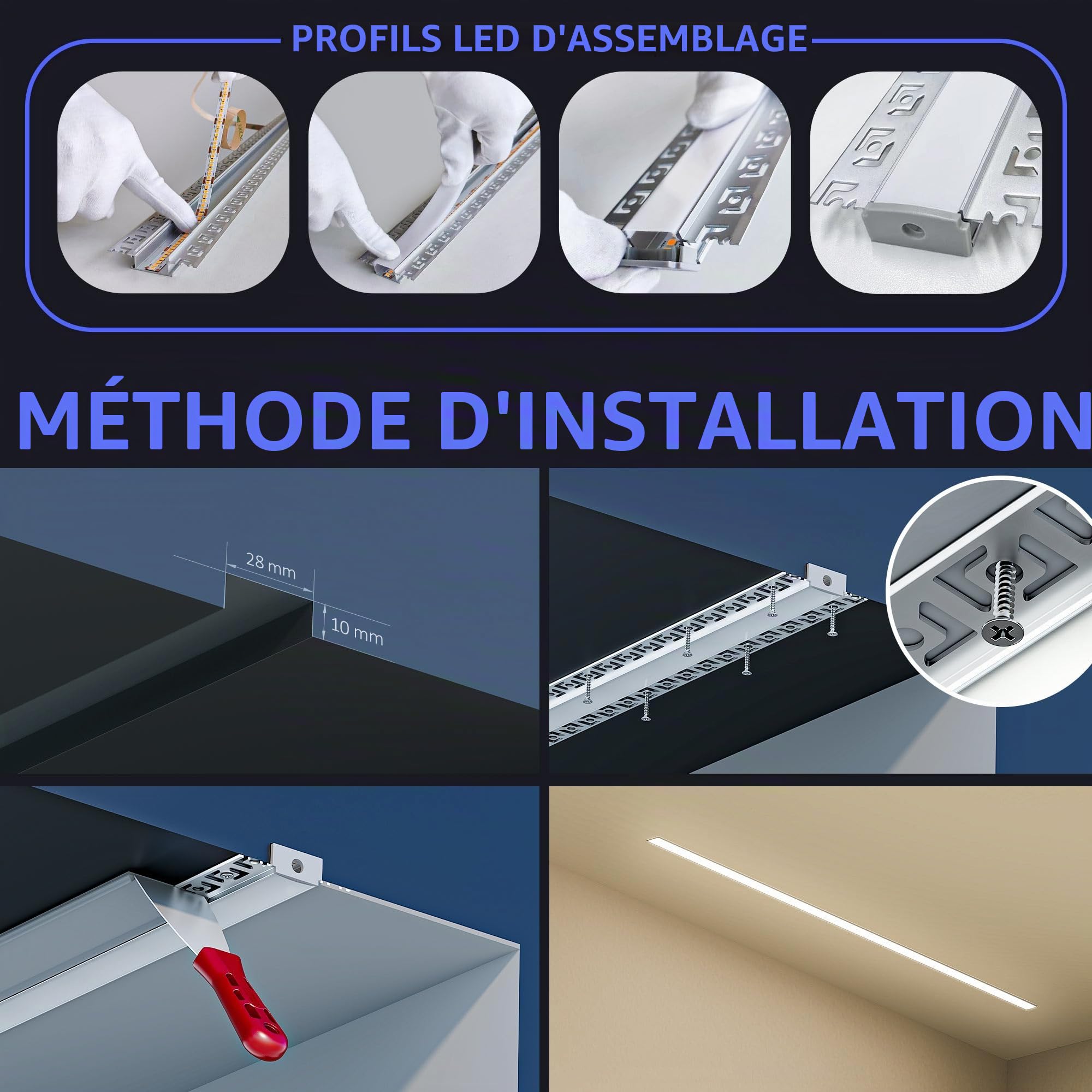 10 x Profil de construction sèche LED 2m - Profil en aluminium sur rail encastré avec diffuseur - Canal d'encastrement LED pour éclairage indirect de plafond, plaque de plâtre, mur et plafond