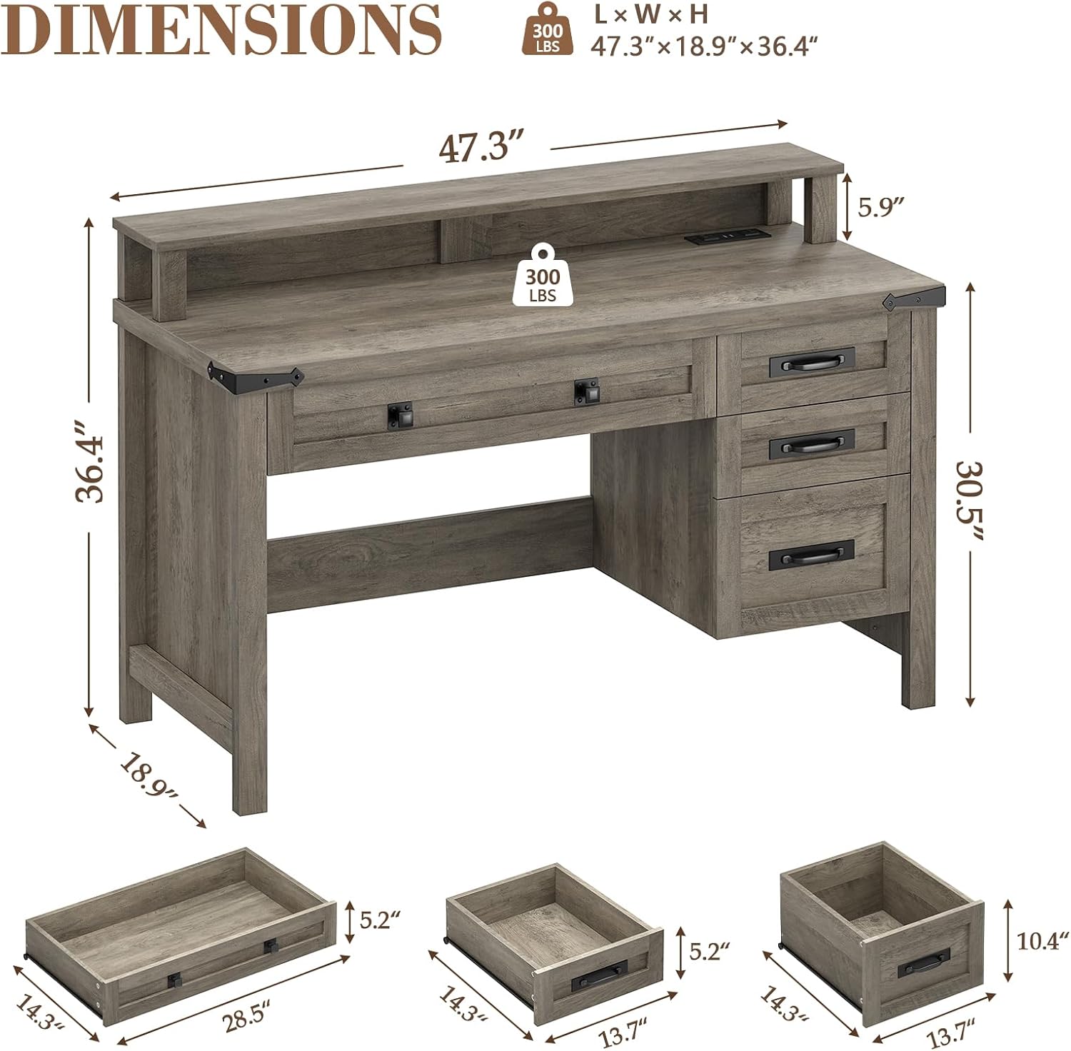 Exploded view of YOMILUVE 47-inch Farmhouse Computer Desk components and dimensions.